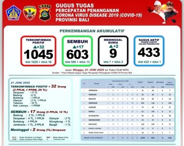 UPDATE 21 Juni: Kasus Positif Covid-19 di Bali Capai 1.045, Pasien Sembuh 603