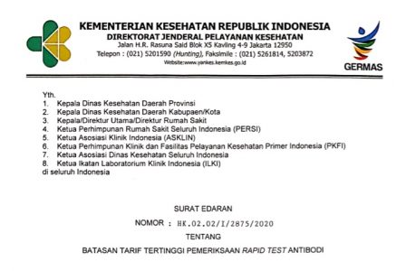 Kemenkes RI Keluarkan SE Batasan Tarif Tertinggi untuk Pemeriksaan RAPID TEST ANTIBODI Rp150 Ribu