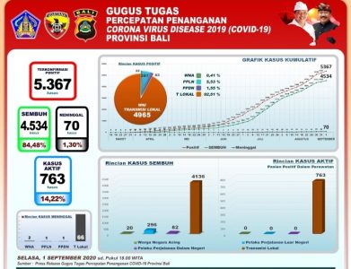 Bali Per 1 September 2020: Kasus Positif Covid-19 Tambah 160, Sembuh 100 Orang dan 2 Pasien Meninggal Dunia