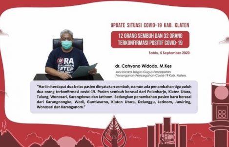 Kasus Covid-19 Klaten Masih Tinggi, Per Hari Ini: 12 Pasien Sembuh, Positif Tambah 32 dan Total Jadi 447