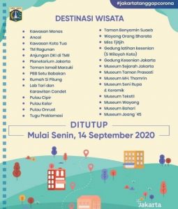 Diberlakukannya Kembali PSBB, Pemprov DKI Jakarta Menutup 27 Destinasi Wisata