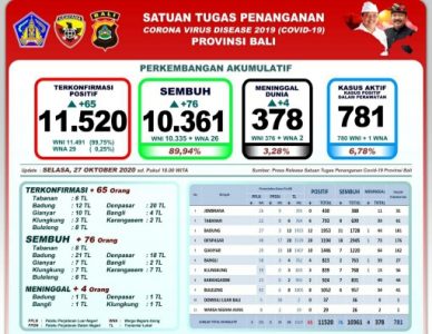 Bali Per 27 Oktober: Kasus Kumulatif Positif Covid-19 11.520, Sembuh 10.361 dan Meninggal 378 Orang
