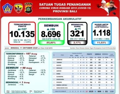 Covid-19 di Bali Per 11 Oktober: Kasus Terkonfirmasi Tambah 107, Jumlah Kumulatif jadi 10.135 Orang