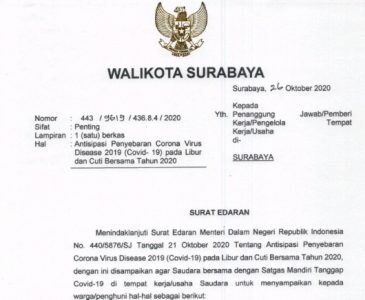 Walikota Surabaya Keluarkan Surat Edaran Terkait Libur dan Cuti Bersama 2020