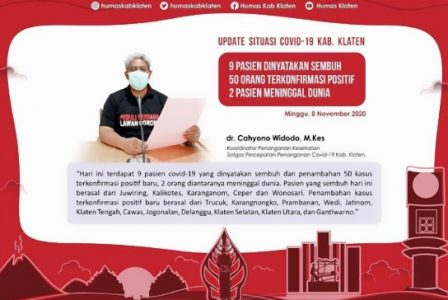 Update Terkini Covid-19 Klaten: 9 Pasien Sembuh, Terkonfirmasi Tambah 50 dan 2 Orang Meninggal Dunia