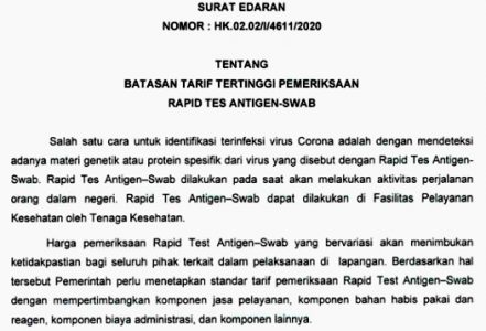 Kemenkes Tetapkan Batas Tarif Pemeriksaan Rapid Test Antigen-Swab