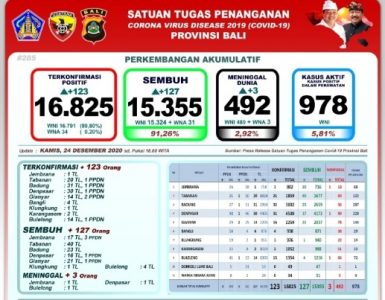Update Penanggulangan Covid-19 di Provinsi Bali Per 24 Desember 2020