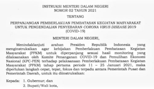 Menteri Tito Keluarkan Instruksi Mendagri Tentang Perpanjangan PPKM untuk Pengendalian Penyebaran Covid-19
