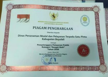 DPMPTSP Boyolali Raih Penghargaan Penyelenggara Pelayanan Publik Sangat Baik dari Menpan RB