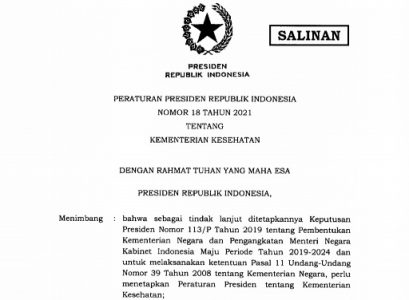 Telah Ditandatangani Presiden, Inilah Perpres Nomor 18 Tahun 2021 tentang Kementerian Kesehatan