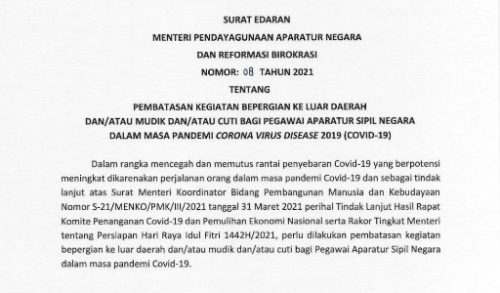 Sesuai Surat Edaran (SE) MenPANRB, ASN Dilarang Mudik dan Cuti Lebaran 2021