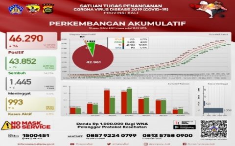 Update Covid-19 Bali Per 16 Mei 2021: Jumlah Kumulatif Terkonfirmasi 46.290, Sembuh 43.852 dan Meninggal 1.445 Orang