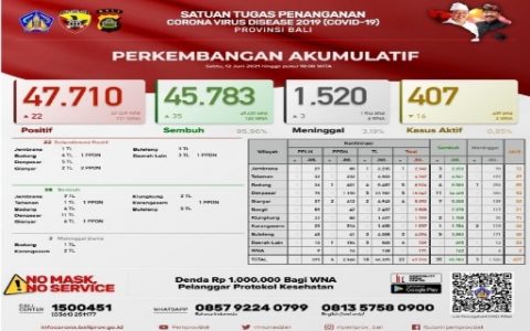 Berikut Update Data Perkembangan Covid-19 di Provinsi Bali Per 12 Juni 2021