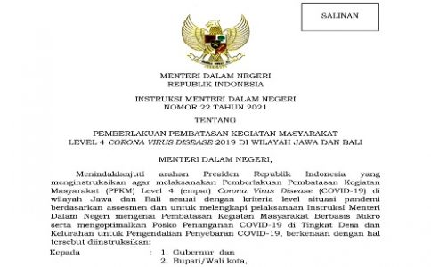 Menteri Tito Keluarkan Inmendagri Nomor 22 Tahun 2021 tentang PPKM Level 4 COVID-19 di Wilayah Jawa dan Bali