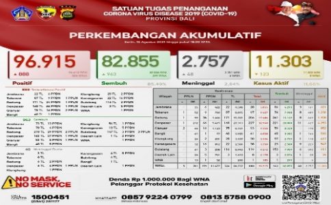 Bali Per 16 Agustus 2021: 888 Terkonfirmasi, 963 Sembuh dan 48 Meninggal Dunia