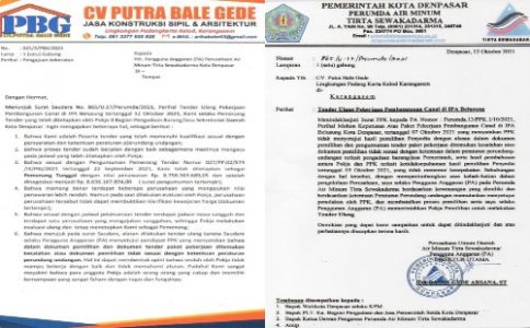 Buntut Rencana Tender Ulang, CV Putra Bale Gede Layangkan Pengajuan Keberatan
