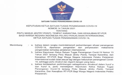 Satgas COVID-19 Terbitkan Edaran Tentang Pintu Masuk dan Tempat Karantina bagi WNI dari Luar Negeri