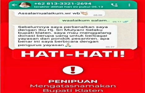 Awas! Beredar Foto Profil Bupati Klaten Disalahgunakan Lewat WA, Akun Dipastikan ‘Palsu’