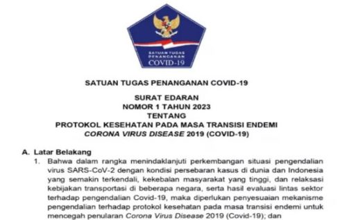 Satgas Penanganan Covid-19 Keluarkan SE Nomor 1/2023 tentang Prokes Masa Transisi Endemi