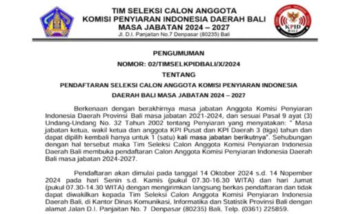 Pemprov Akan Laksanakan Seleksi Calon Anggota KPID Bali Masa Jabatan 2024-2027
