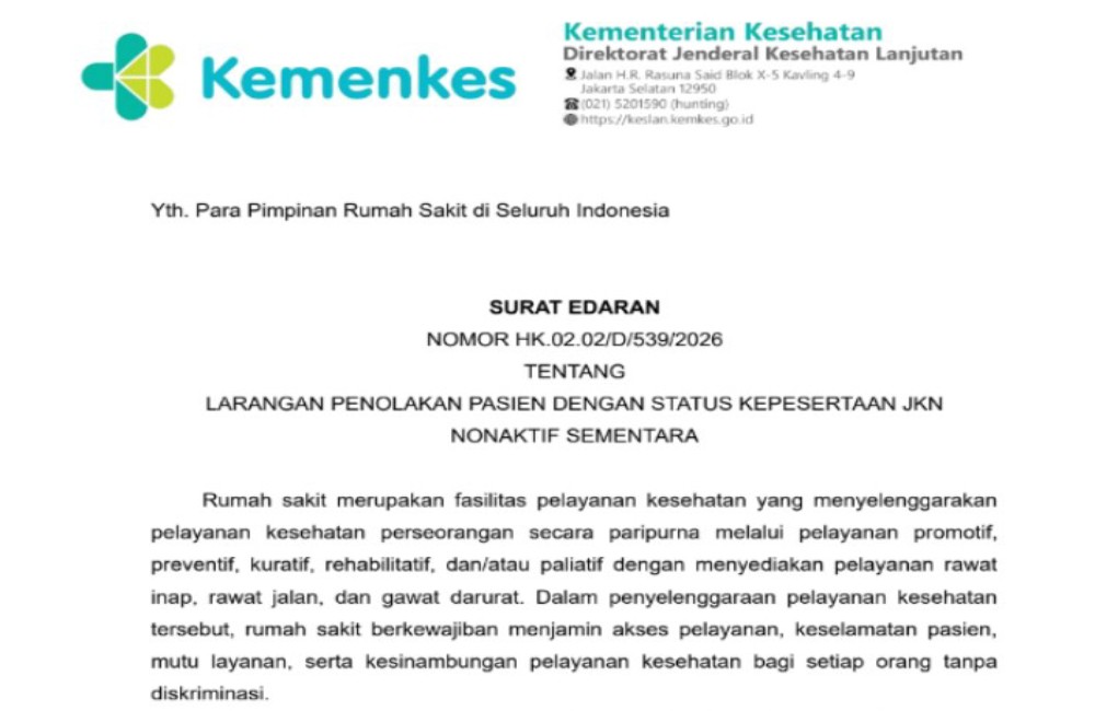 Kemenkes Terbitkan SE: RS Dilarang Tolak Pasien JKN Nonaktif Sementara, Termasuk Peserta PBI