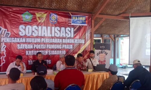 Satpol PP Sidoarjo bersama Bea Cukai Gencarkan Sosialisasi Penindakan Hukum Rokok Ilegal di Desa Sawahan