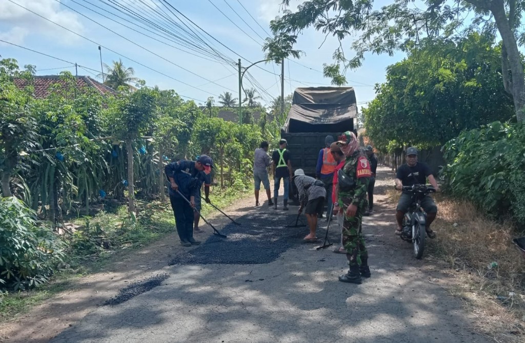 Babinsa Kedunggebang Dampingi Gotong Royong Perbaikan Jalan Desa, Perkuat Sinergi TNI dan Warga di Banyuwangi