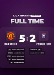 Hasil Liga Inggris Man United Libas Ipswich Town 5-2