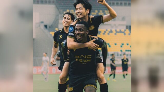 Taisei Marukawa usai mencetak gol ke gawang PSS Sleman