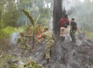 Personel Koramil 0825/20 Songgon padamkan api di hutan pinus