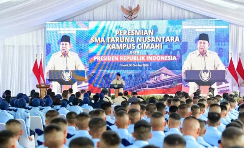 Presiden Prabowo Subianto memberikan sambutan saat peresmian SMA Taruna Nusantara Kampus Cimahi