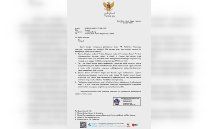 Surat kebijakan tentang Penyesuaian Sistem Kerja melalui WFH